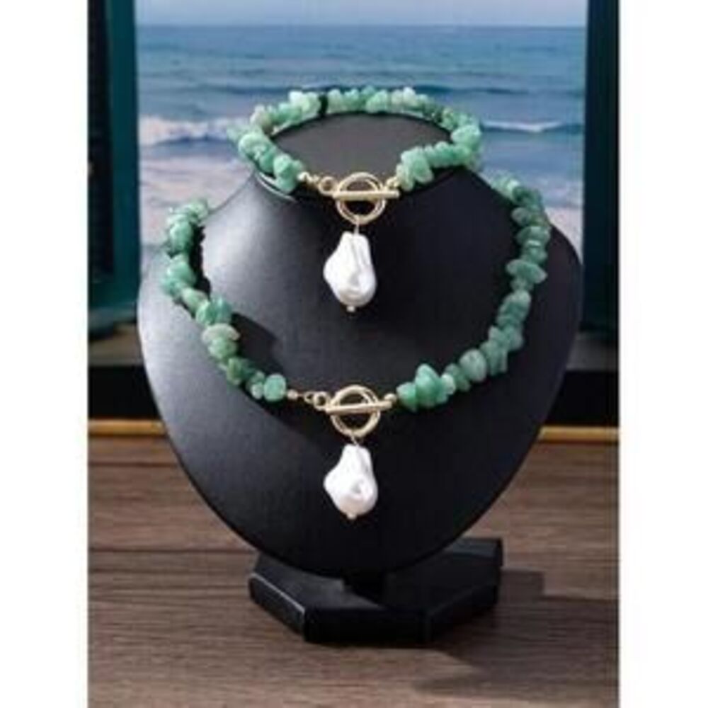 Turquoise Chip & Faux Baroque Pearl Jewelry Set, Includes 2 Allo Y2K Minimalist - Picture 2 of 6